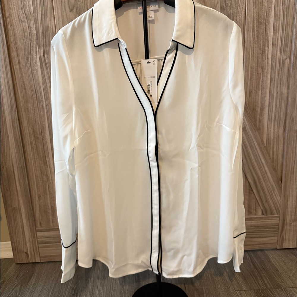 Liz Claiborne White Satin Blouse with Black Trim - Size L (NWT)